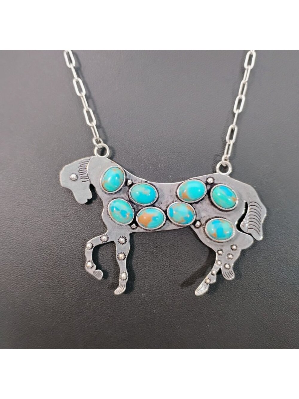 Artisan Signed Royston Turquoise Silver Horse Pendant Necklace Adjustable